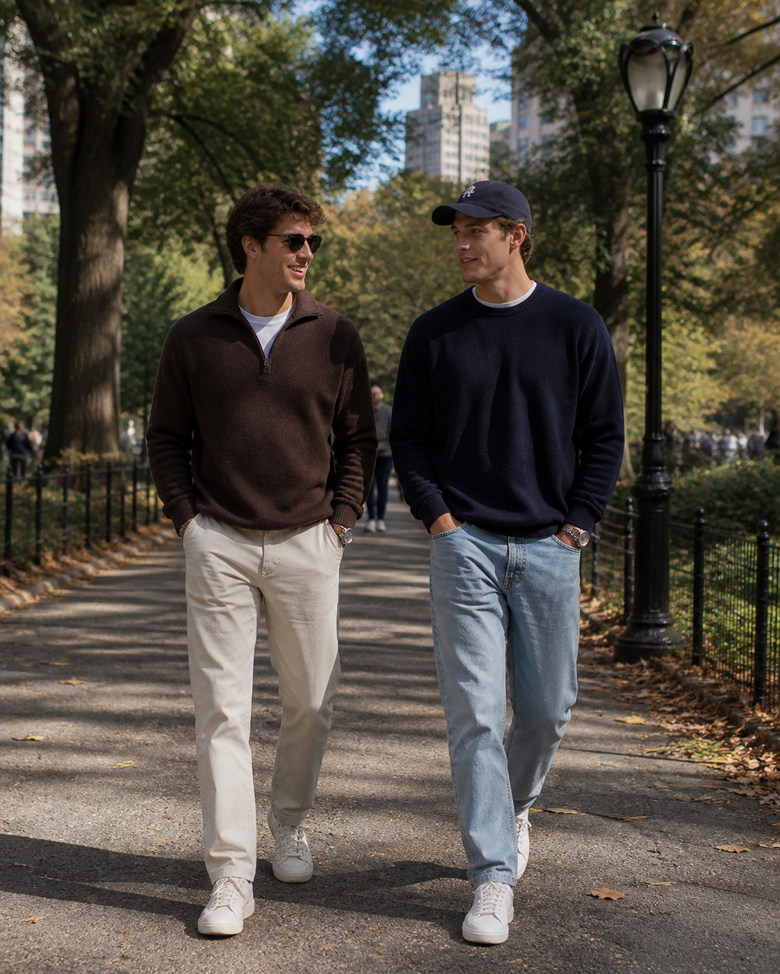 Two friends walking in the park in autumn knitwear