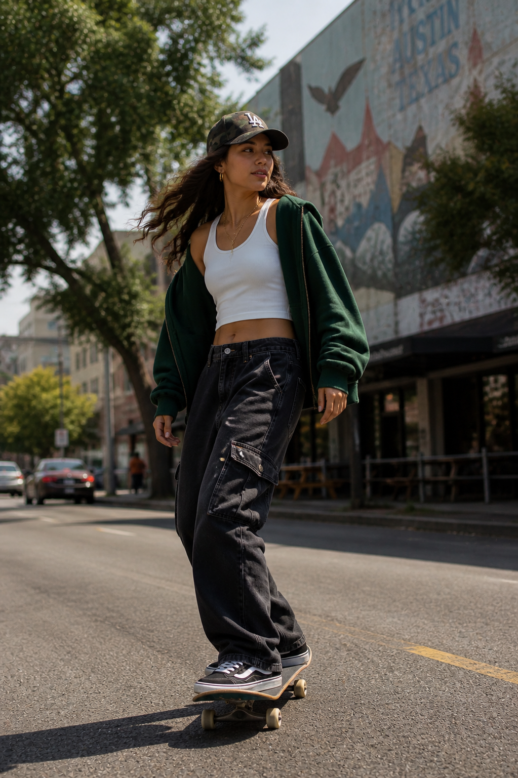 Woman skateboarding through downtown Austin in baggy denim and a green hoodie