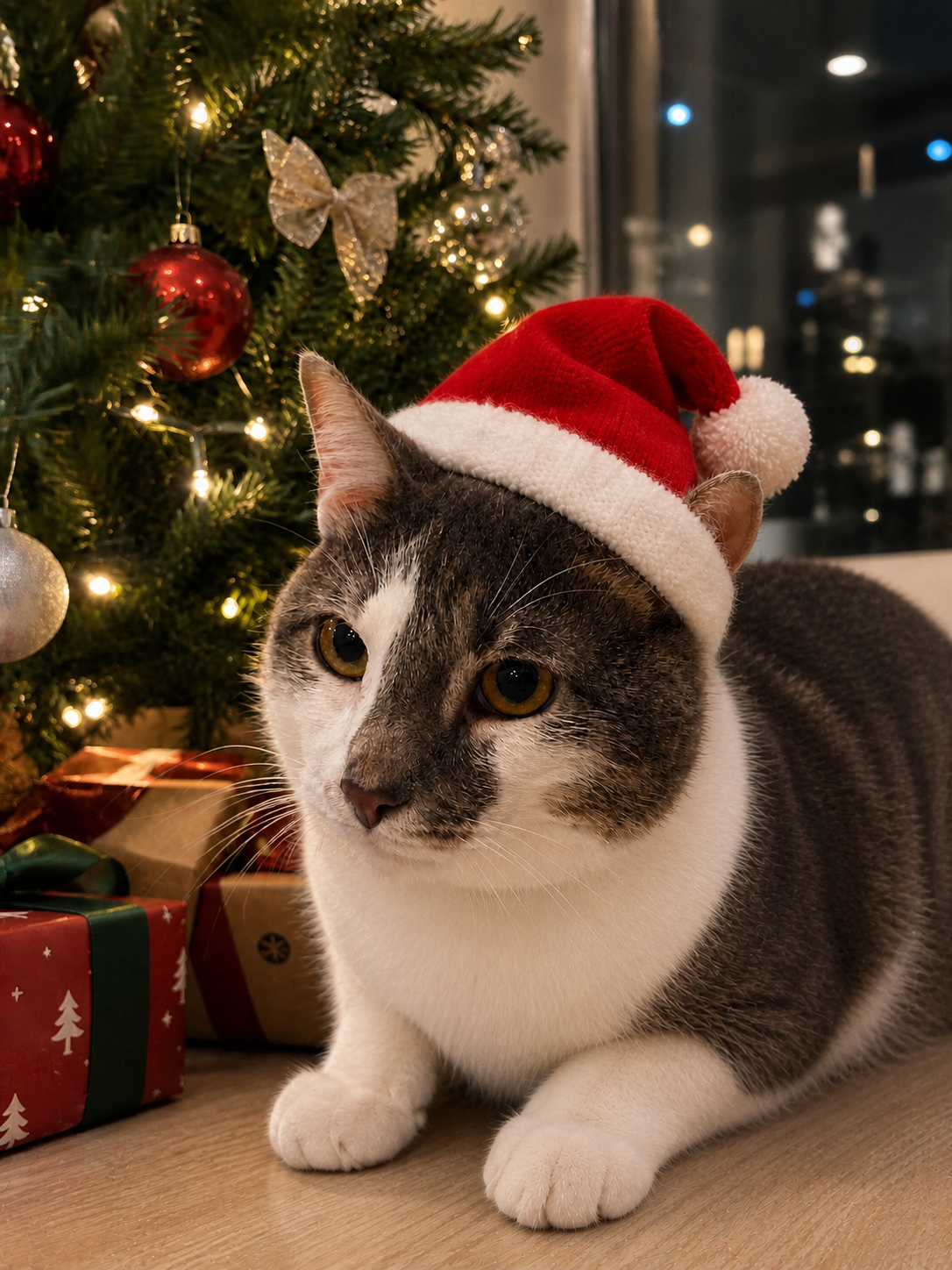 Cat in a Santa hat by a Christmas tree