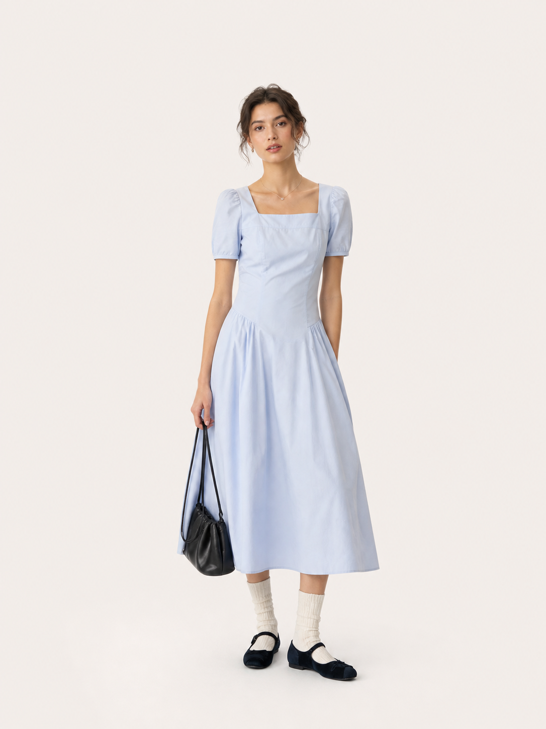 Square-Neck Puff Sleeve Midi Dress