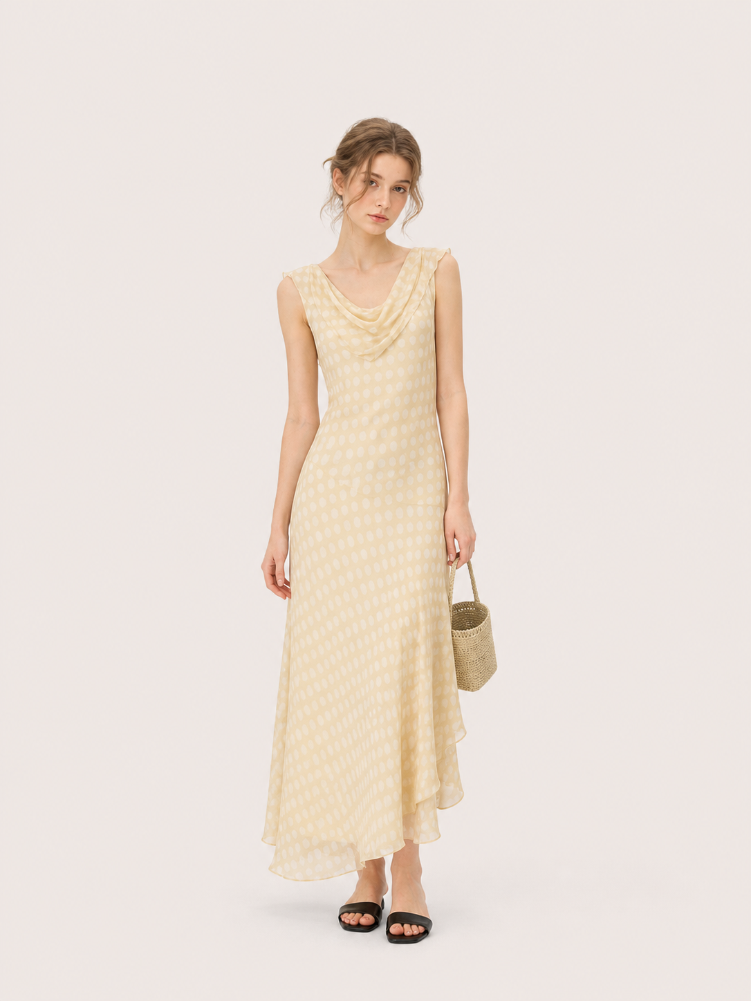 Cowl-Neck Polka Dot Maxi Dress